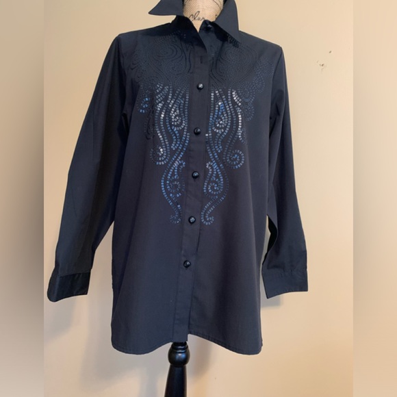 BOB MACKIE black sequin Wearable Art button 55% cotton up shirt NWT in s… - Picture 1 of 12